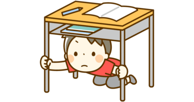 地震の時に机の下に隠れる男の子