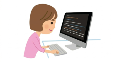 パソコンに向かってプログラミングをしている女性のイラスト