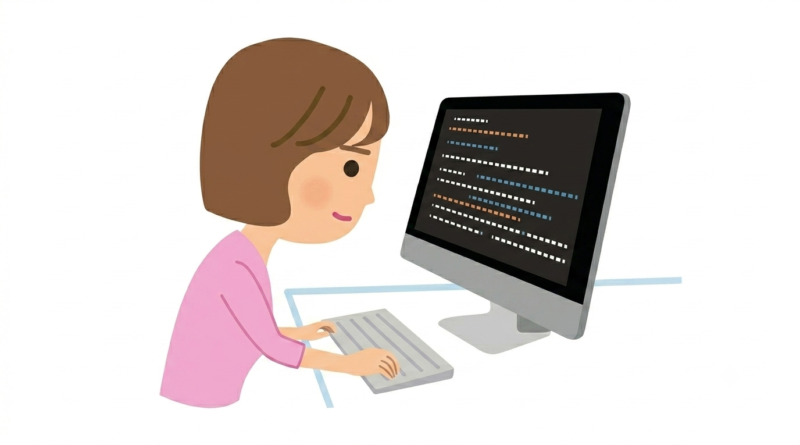 パソコンに向かってプログラミングをしている女性のイラスト