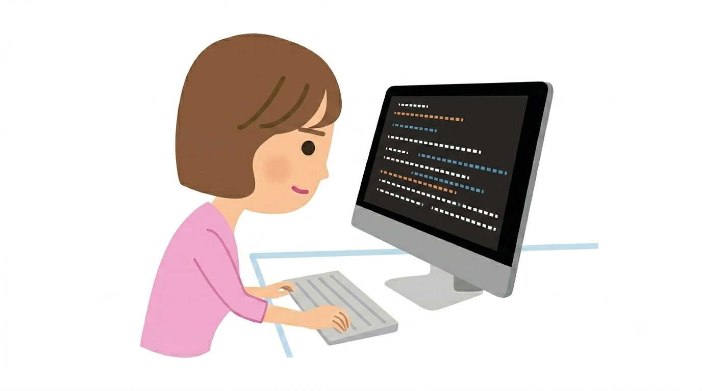 パソコンに向かってプログラミングをしている女性のイラスト